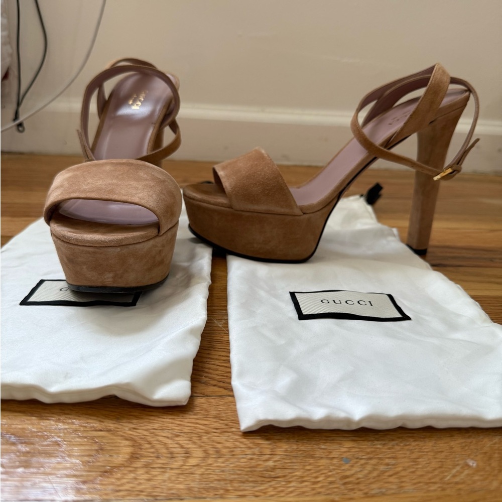 Gucci Tan Platform Heels with Ankle Strap